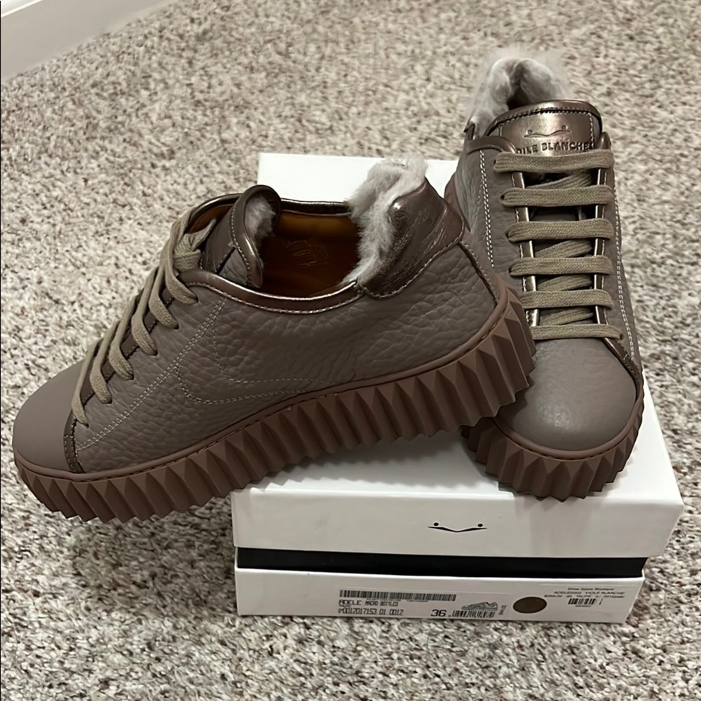 Brown Leather Sneakers with Fur Trim